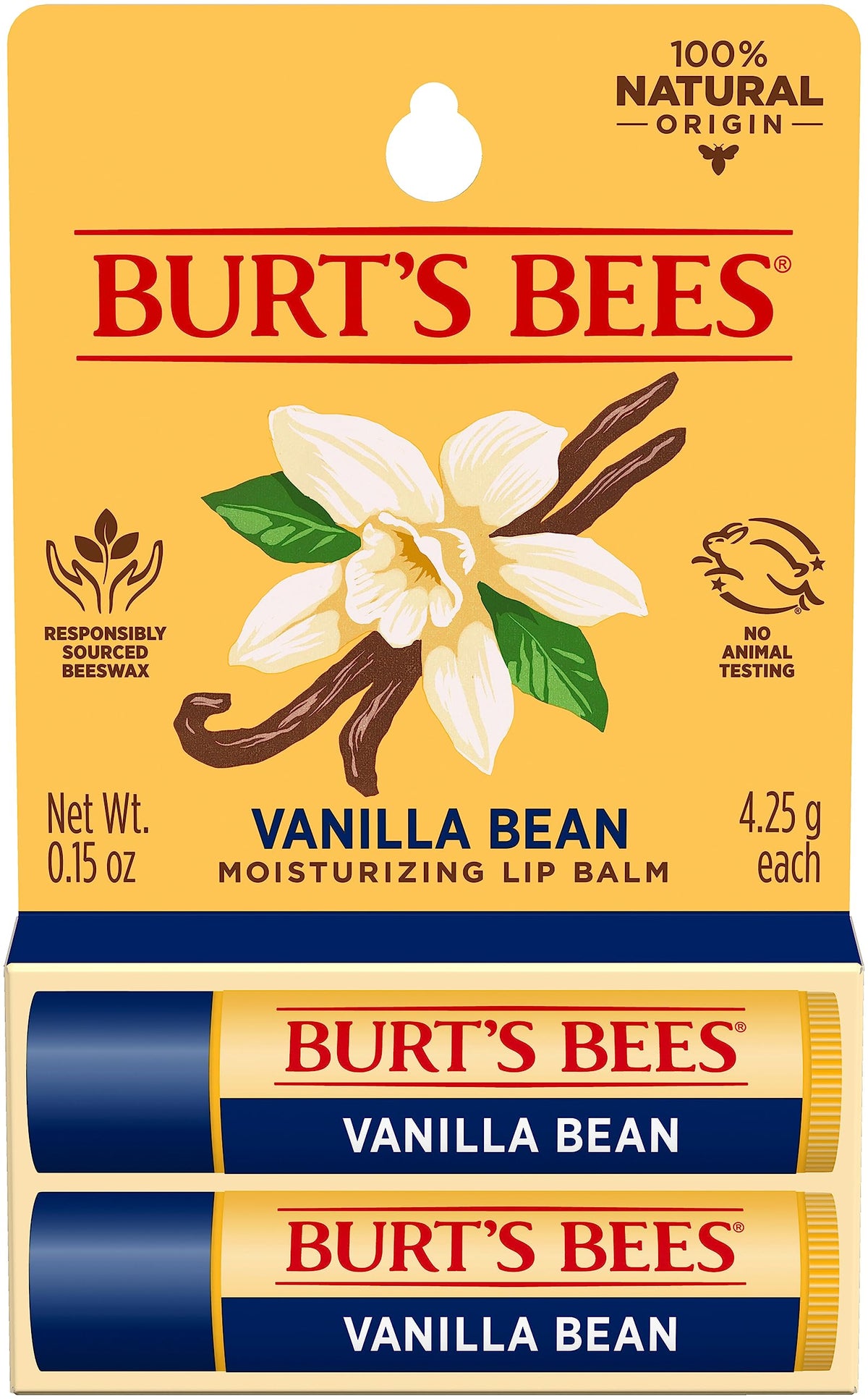 Burt'S Bees Vanilla Bean Lip Balm - Natural Lip Moisturizer, 2 Tubes, Tint-Free, 0.15 Oz