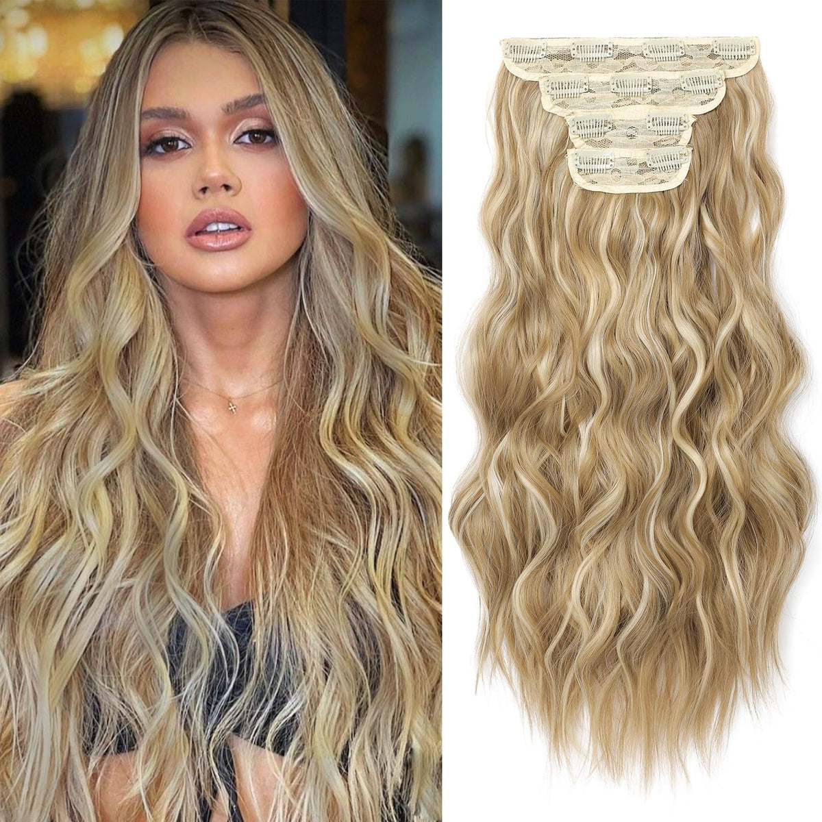 REECHO 20&quot; Clip-In Hair Extensions, 4PCS Golden Blonde Synthetic Hairpieces for Women