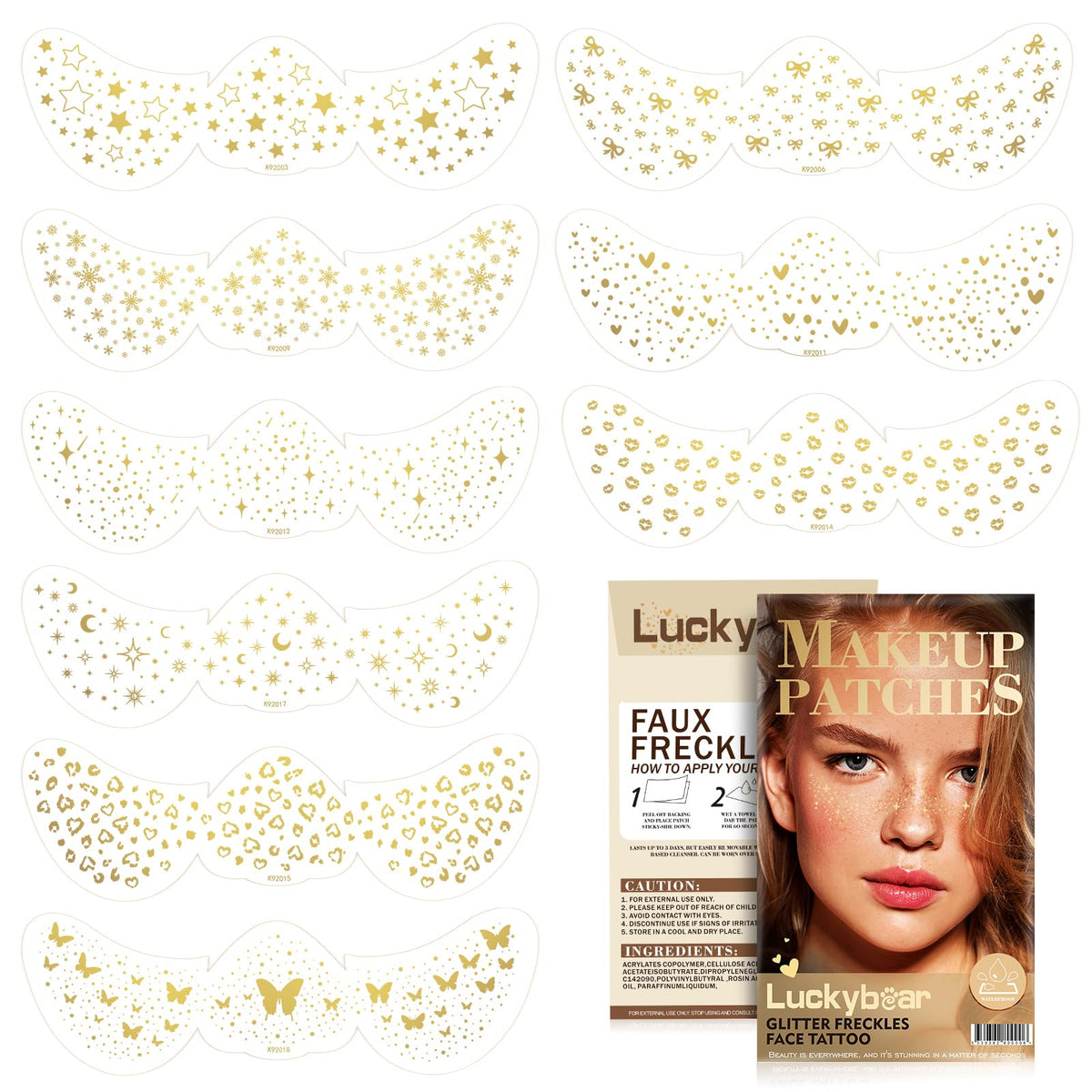 Luckybear Gold Glitter Freckles Makeup Patches - 9 Style Temporary Face Tattoos For Parties