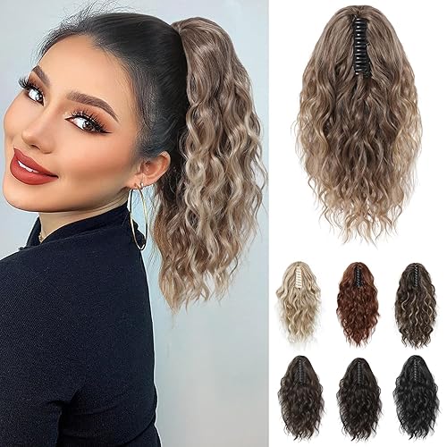 REECHO 14&quot; Clip-in Ponytail Extension, Ash Blonde with Golden Ends, Soft Wavy Synthetic Hairpiece