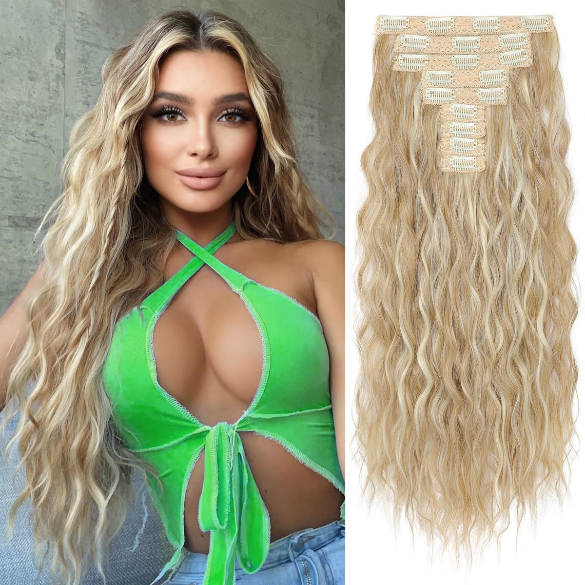 REECHO 24&quot; Blonde Clip-in Hair Extensions, 9PCS Thick Mini Mermaid Wave, Synthetic Fiber