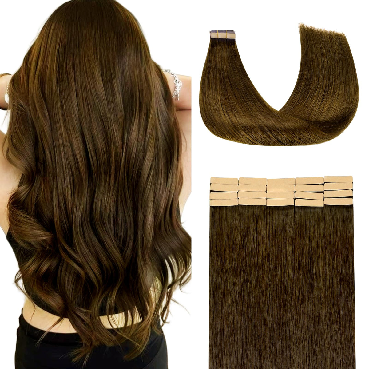 Lashey Tape In Hair Extensions 22 Inch Chocolate Brown 50G 20Pcs Human Hair Double-Sided Tape