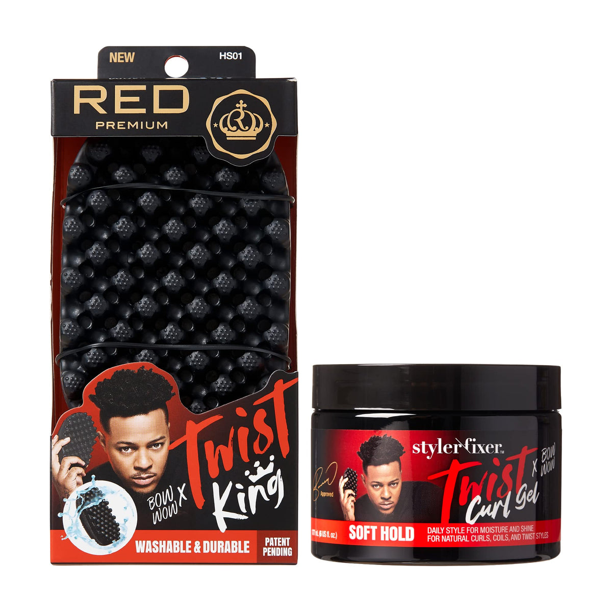 RED by Kiss X Bow Wow Styler Fixer Gel & Twist Brush Set for Afro Hair, Soft Hold, 3 Fl Oz (2