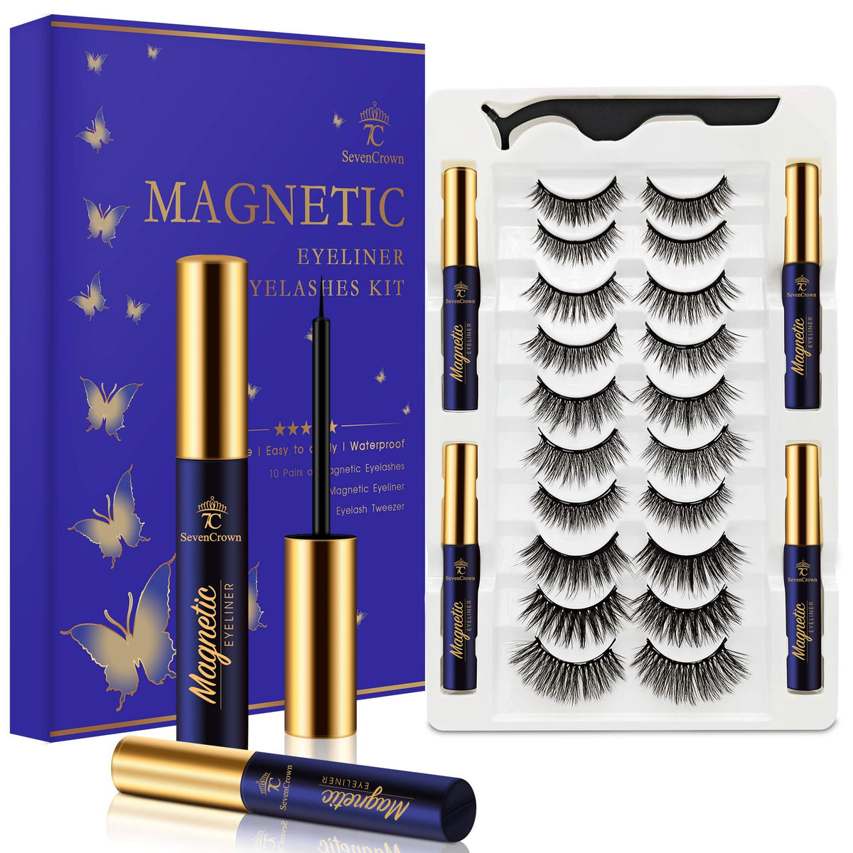 7C Sevencrown Magnetic Eyelashes Kit With Eyeliner, 10 Pairs Reusable, Waterproof Faux Mink