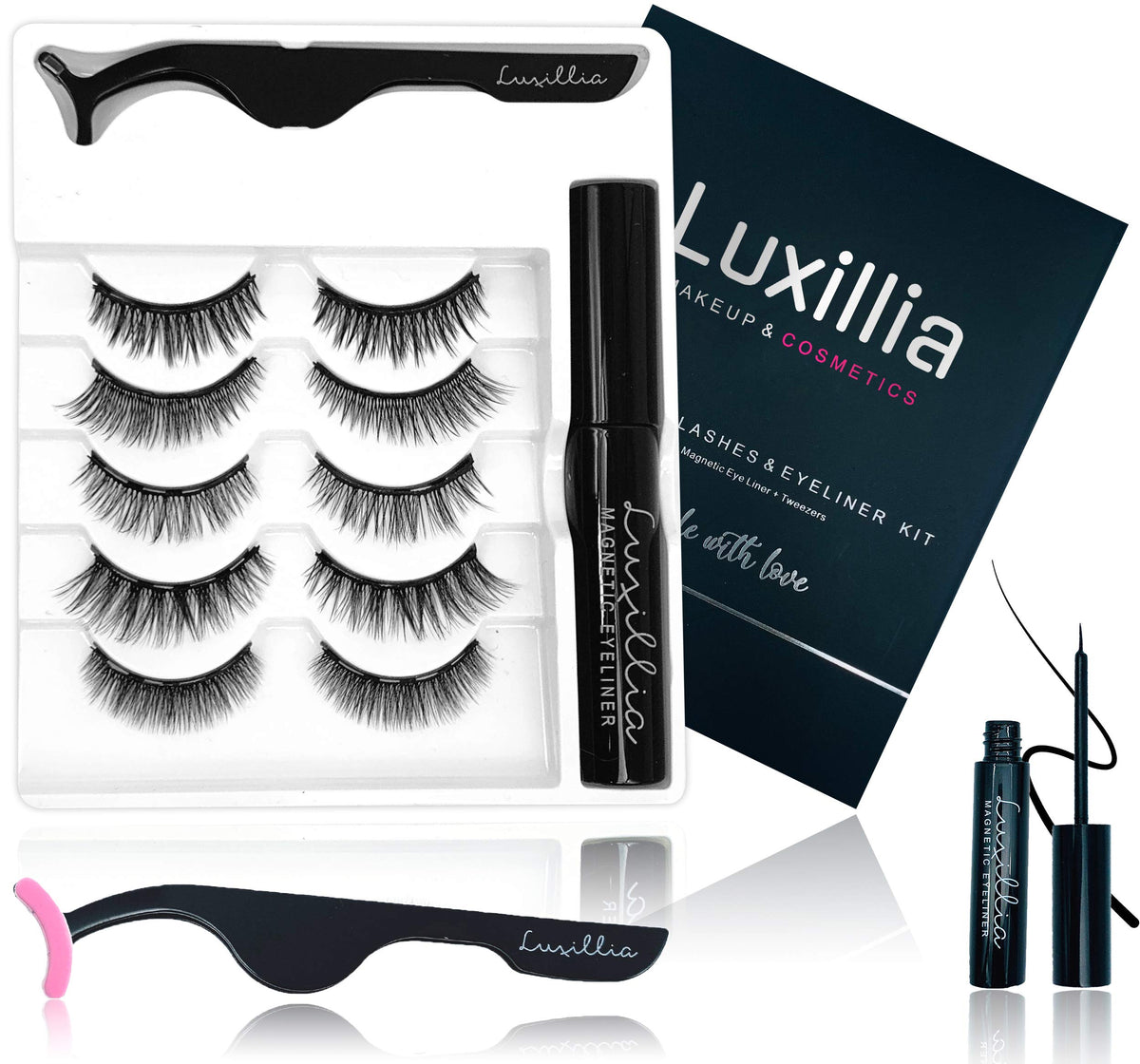 Luxillia Magnetic Eyelashes Kit With Eyeliner - 8D/3D Faux Silk, Reusable, Waterproof, Black