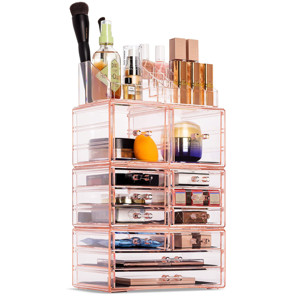 Sorbus Pink Large Clear Makeup Organizer - Detachable Cosmetic Display Tower For Vanity & Bathroom