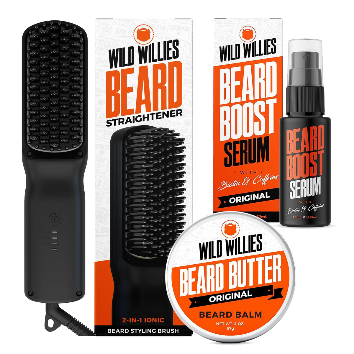 Wild Willies Beard Care Kit - Heated Straightener, Beard Butter & Growth Serum For Men