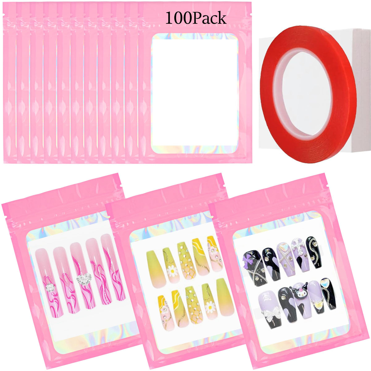 Yazabai 100Pcs Pink Holographic Nail Storage Bags & 100Pcs White Nail Tips Packaging