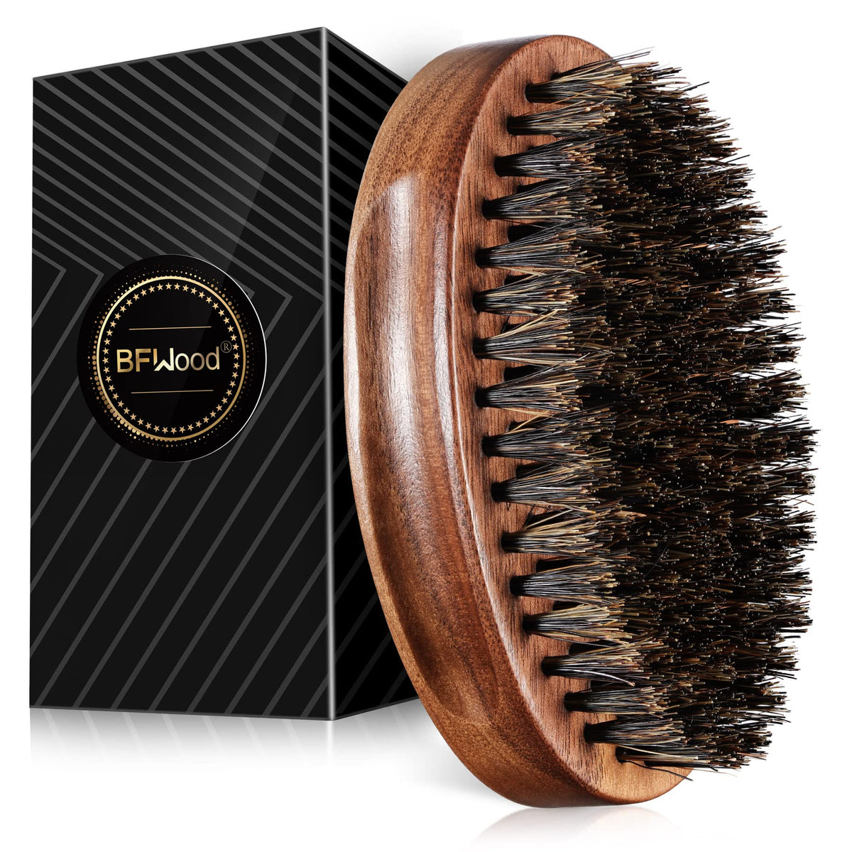 BFWood Boar Bristle Beard Brush - Black Walnut Military Style Grooming Tool for Men