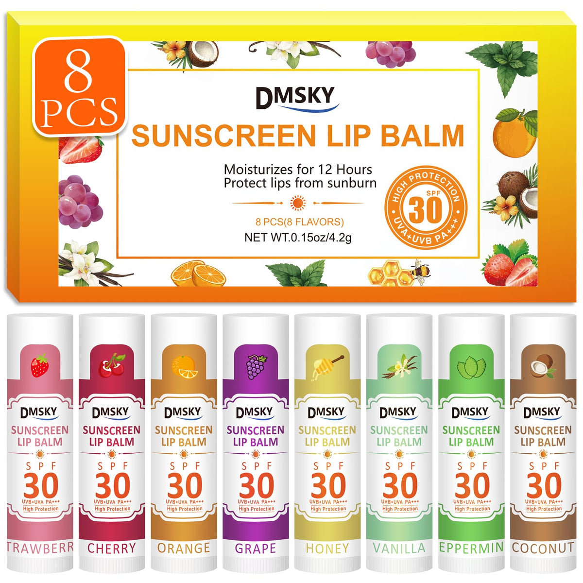 Dmsky Spf 30 Sunscreen Lip Balm - 8 Pack, Broad Spectrum Uva/Uvb Protection For Dry Lips