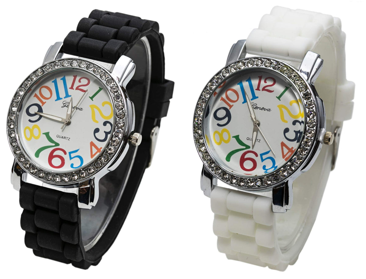 Geneva 2 Pack Women'S Large Round Face Silicone Watch - White, Black & Rainbow Numbers