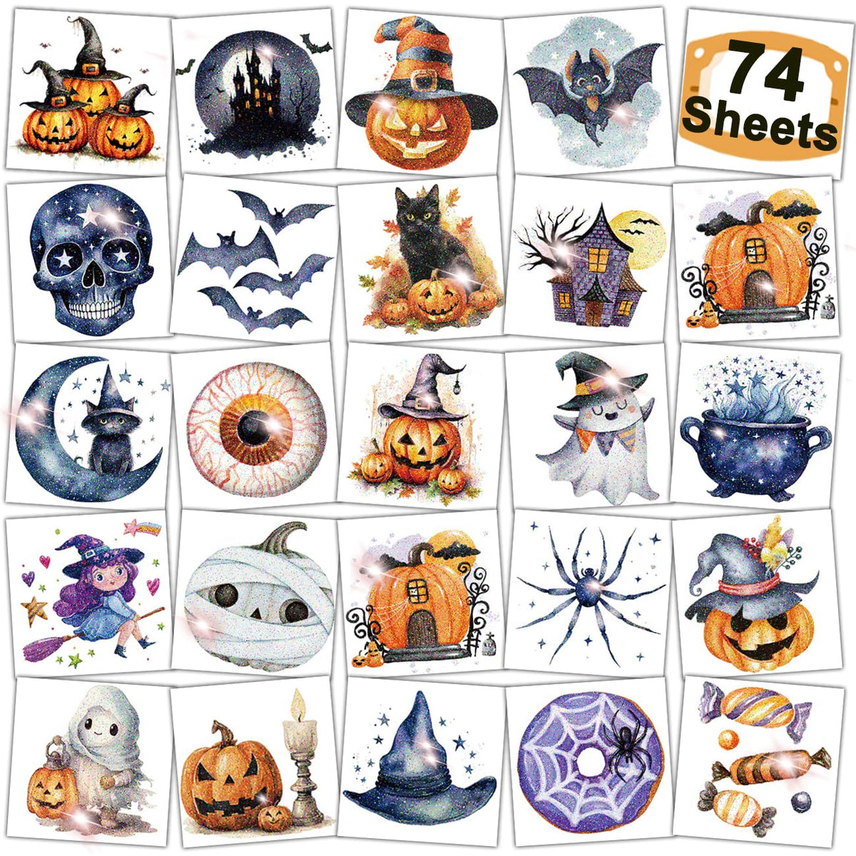 Charlent Glitter Halloween Temporary Tattoos - 74 Sheets Of Pumpkins, Bats & Skeletons For Kids