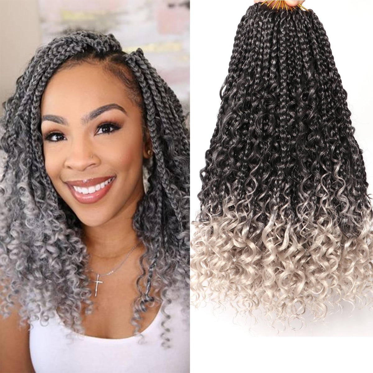 URNICE 14 Inch Goddess Box Braids - 9 Packs Curly Crochet Hair for Black Women, Tgray