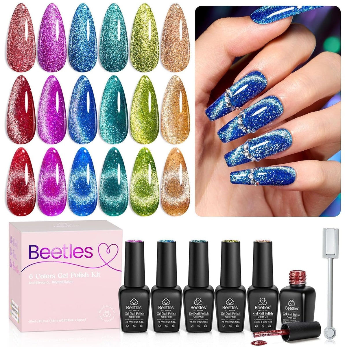 Beetles Cat Eye Gel Nail Polish - 6 Colors Glitter Shimmer, Soak Off Velvet Nail Art 0.5 Fl Oz