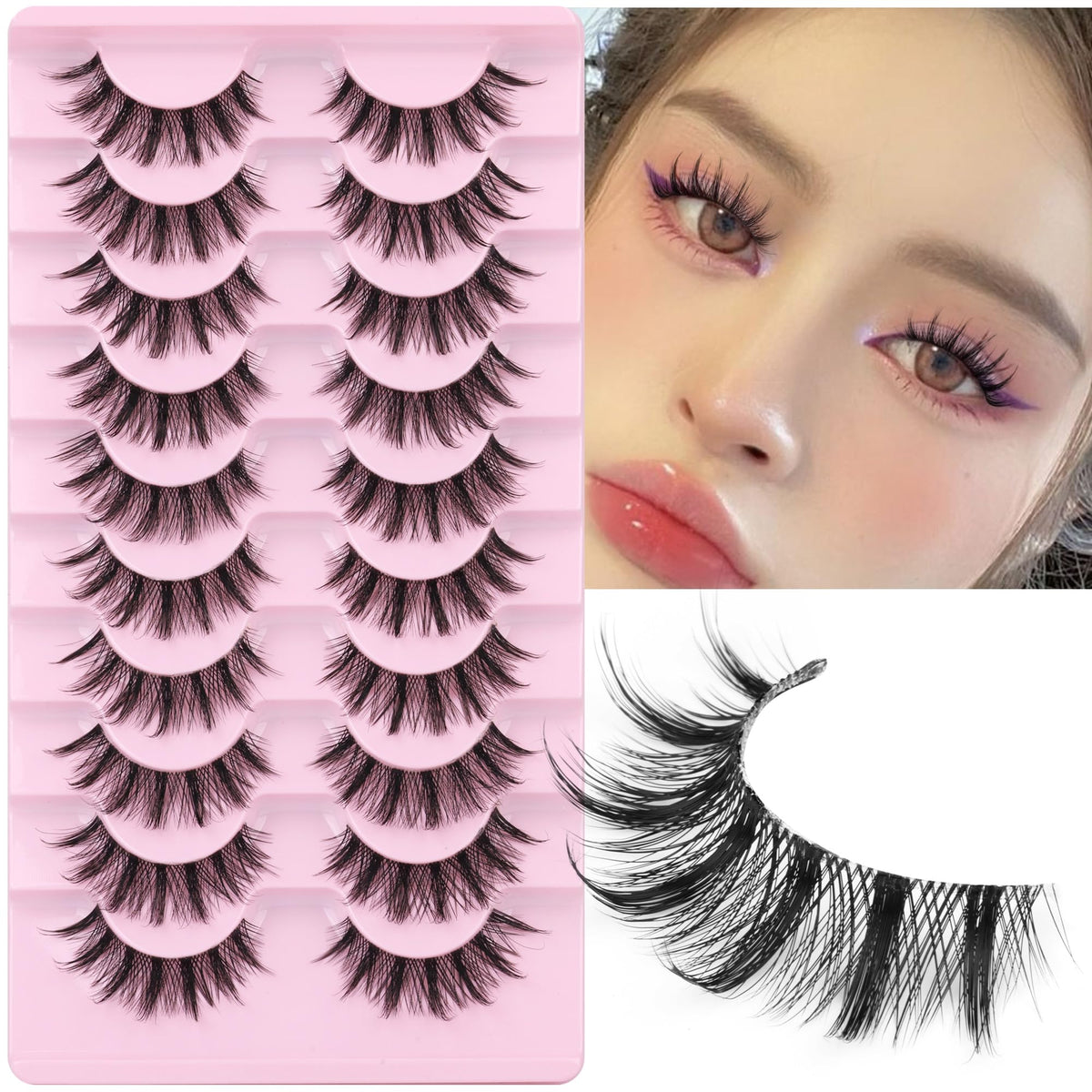 Coruscate 3D Anime False Eyelashes - 10 Pairs Wispy Natural Look Black Synthetic Hair 15Mm