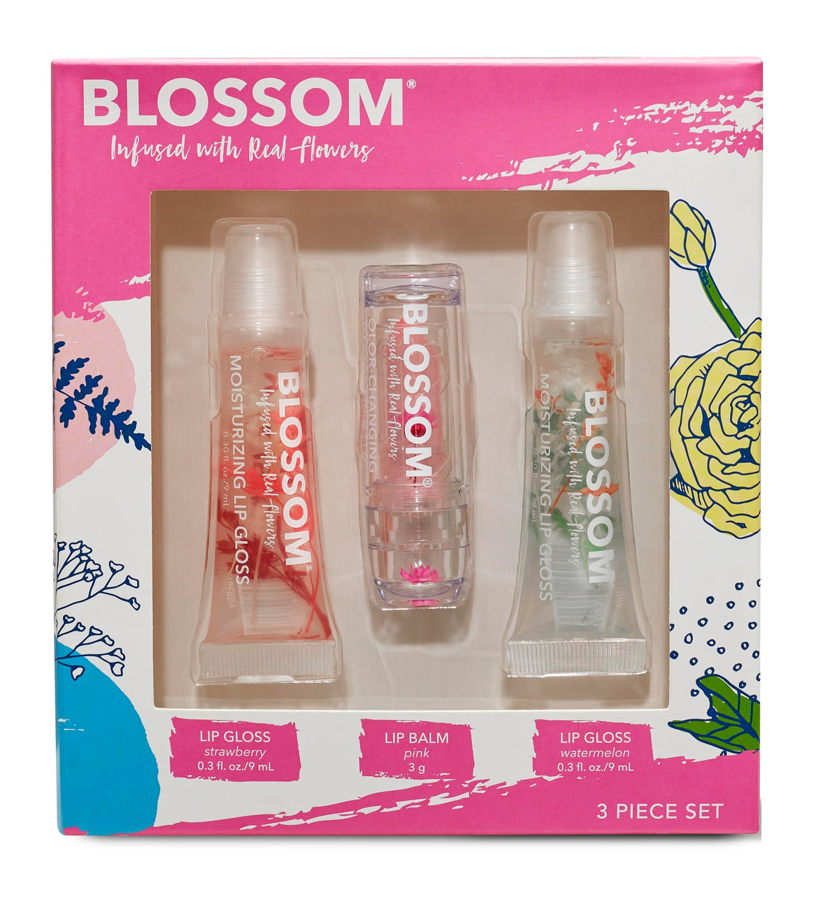 Blossom Scented Lip Gloss Tubes & Ph Color Change Balm Set, 3 Pack With Real Flowers