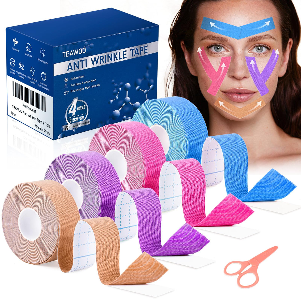 Teawoo Anti-Wrinkle Tape - Facial Lift Tape For Skin Firming, Toning & Tightening (4 Colors)