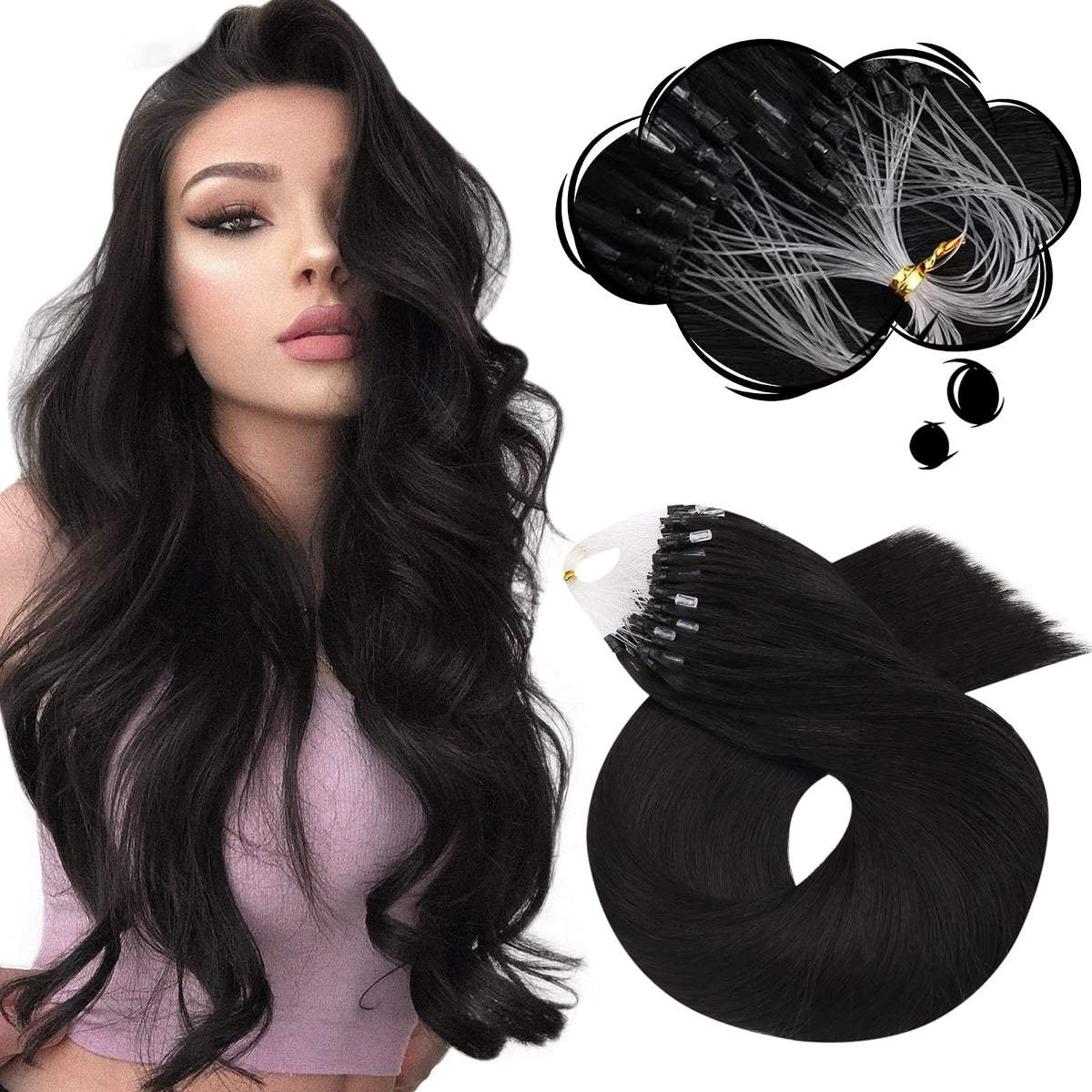 Moresoo 18&quot; Micro Loop Human Hair Extensions #1B Off Black 50G Fusion Links 100% Natural