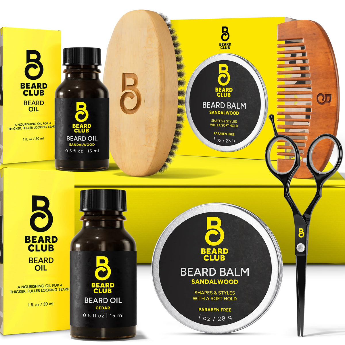 The Beard Club Beard Grooming Kit - Cedar & Sandalwood Oils, Balm, Comb, Brush, Scissors