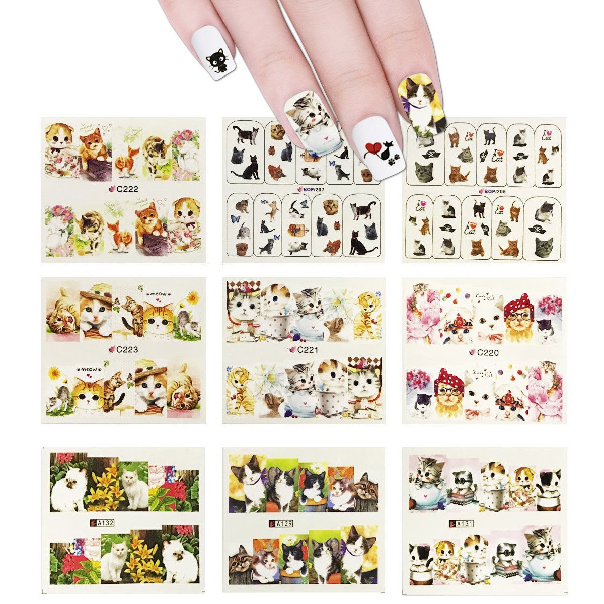 Allydrew Cat Nail Art Decals - 22 Sheets Water Slide Kitty Transfer Stickers For Cat Lovers