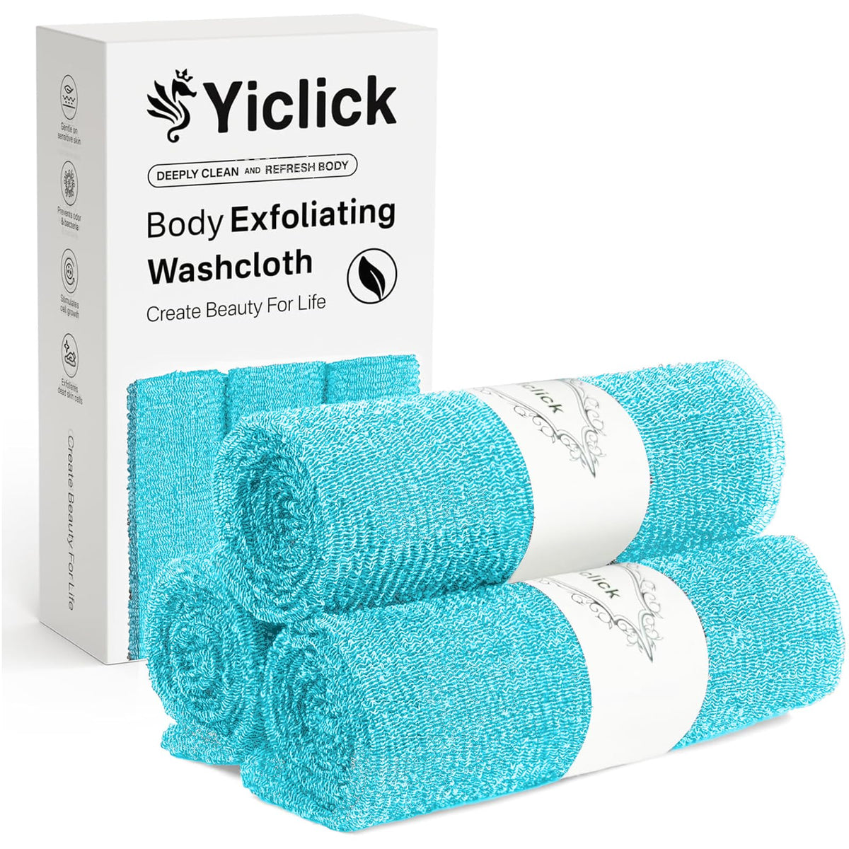 Yiclick Exfoliating Washcloth Towel 3 Pack - Japanese Bath Cloths For Body & Back Scrubbing, Blue