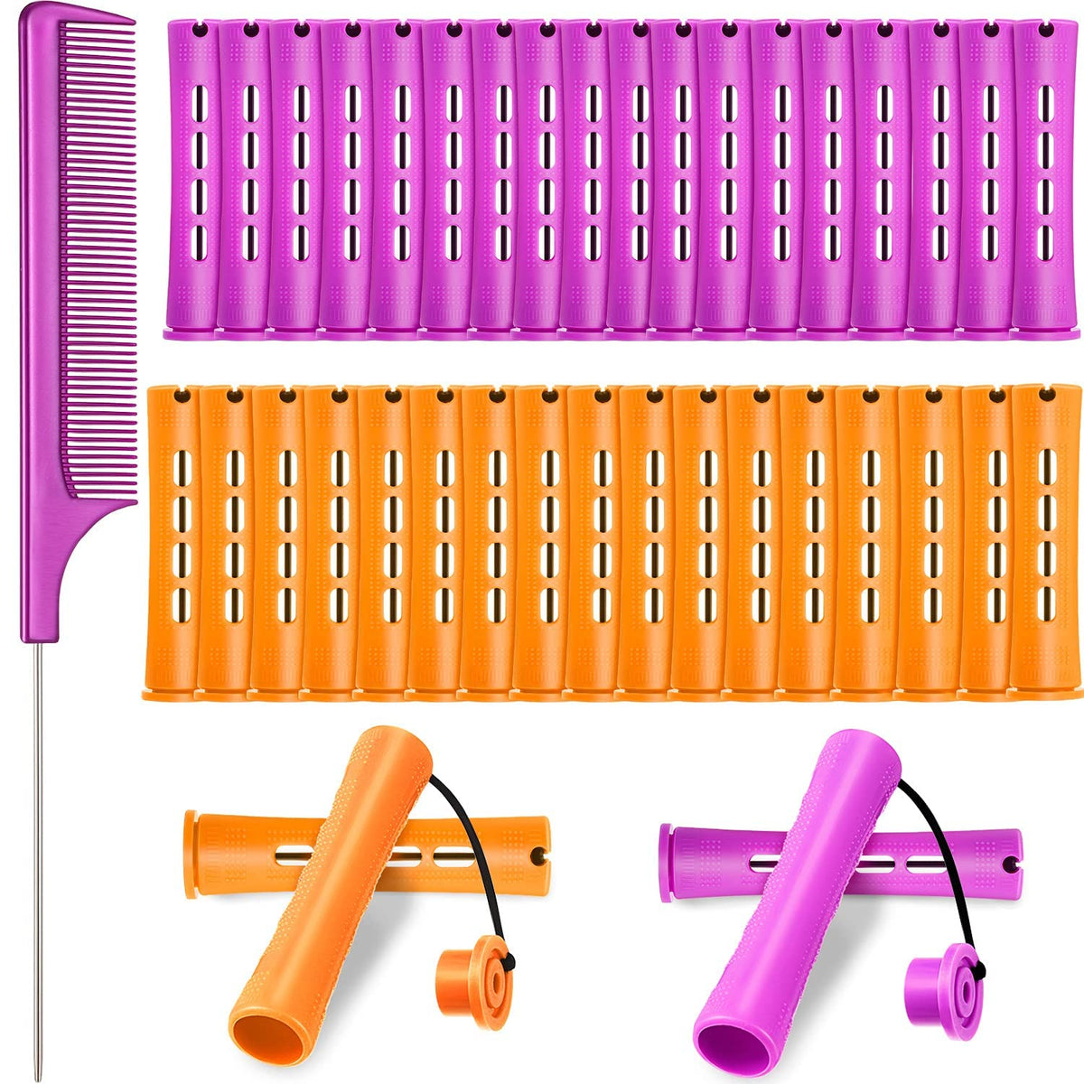 WILLBOND 36-Piece Cold Wave Rods Hair Rollers with Comb - Purple & Orange Perming Curlers