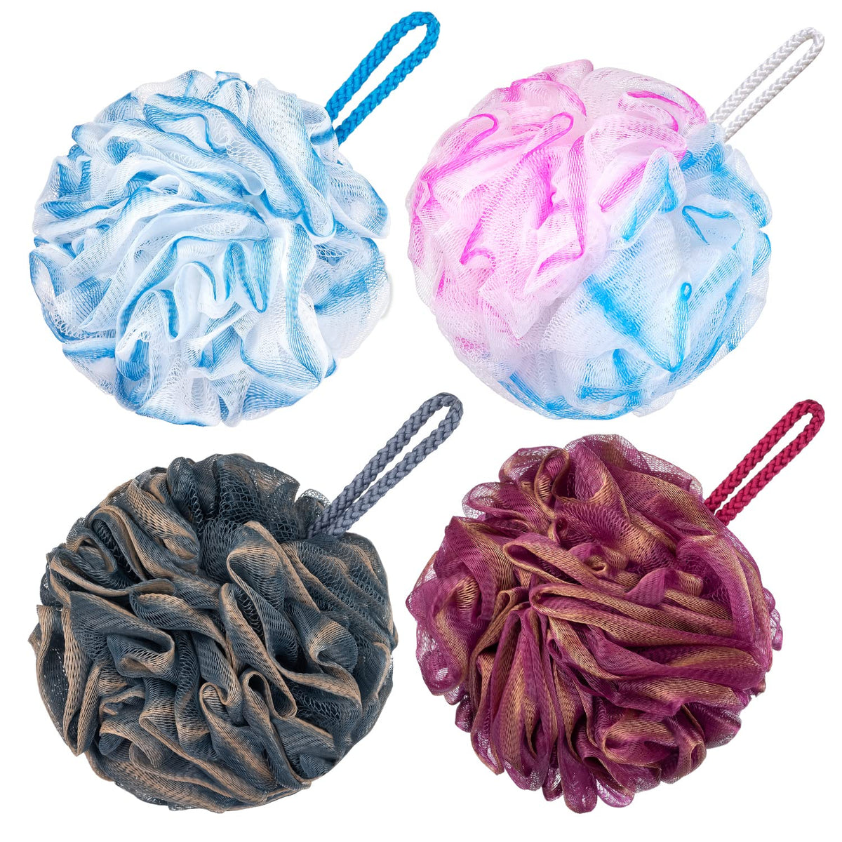 Vanzavanzu Large Bath Loofah Set Of 4, Multicolor Shower Sponge Body Scrubber For Men & Women