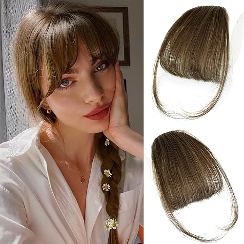 WECAN Light Brown Clip in Bangs - 100% Human Hair Fringe Extensions for Women, Everyday Wear