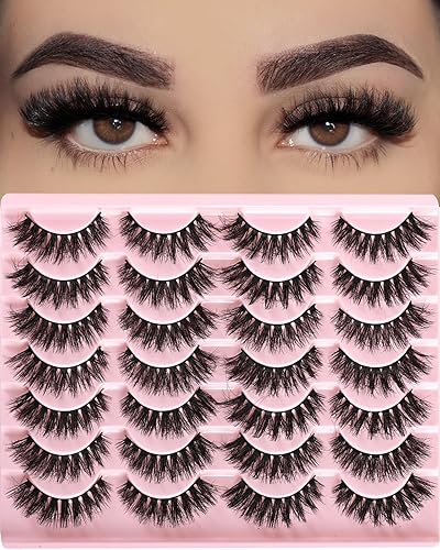 FARRED Wispy Cat Eye Mink Eyelashes - 14 Pairs Fluffy Natural Silk False Lashes for Daily Makeup