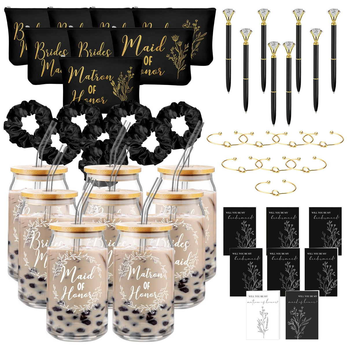 Irenare 48 Pcs Bridesmaid Proposal Gifts Set - Glass Cups, Makeup Bags, Cards & Accessories - Black