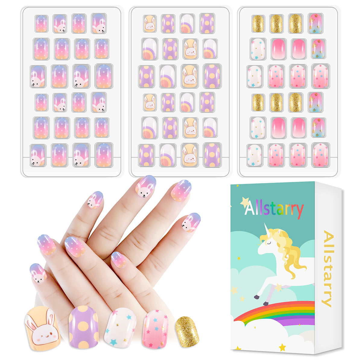 Allstarry 72pcs Kids Nail Kits - Press-On Gel Nails, Rabbit Gradient Color, Purple Planet