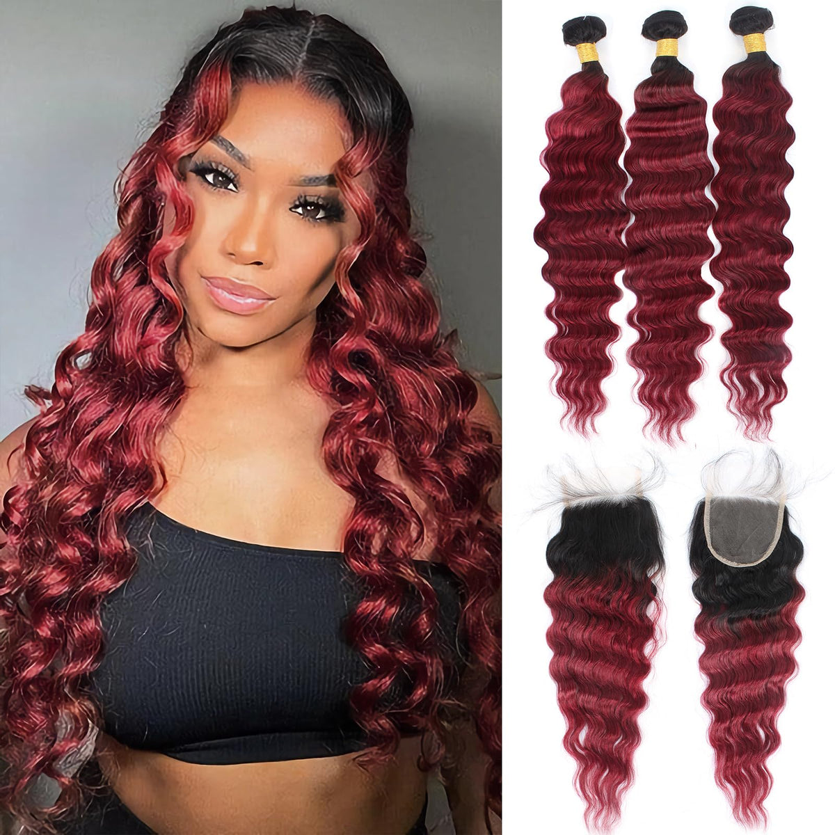 FASHION VILA 12A Burgundy Loose Wave Human Hair Bundles & 4x4 Lace Closure - 14 16 18