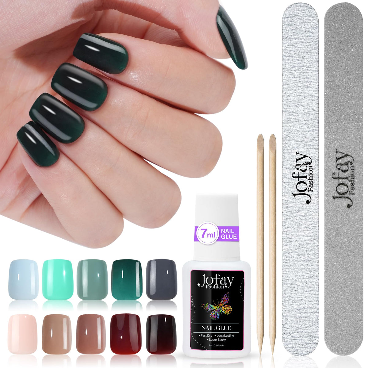 Jofay Fashion Gel Nail Tips - 240Pcs Short Press-On Reusable Natural Nails, 5 Green & 5 Pink