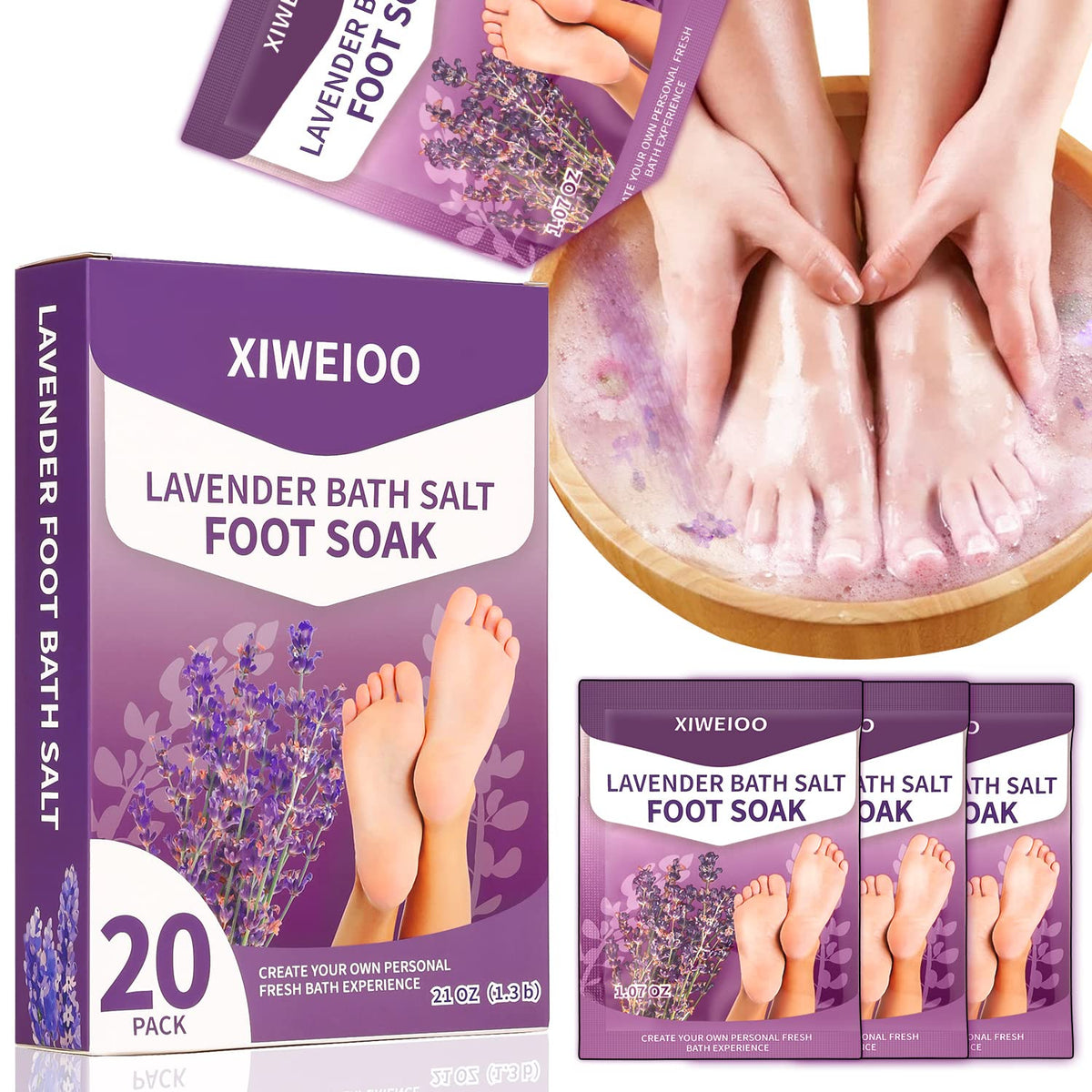 Xiweioo Lavender Foot Soak Salts - 20 Pack Epsom Salt Pedicure Kit, Tea Tree Oil, 21