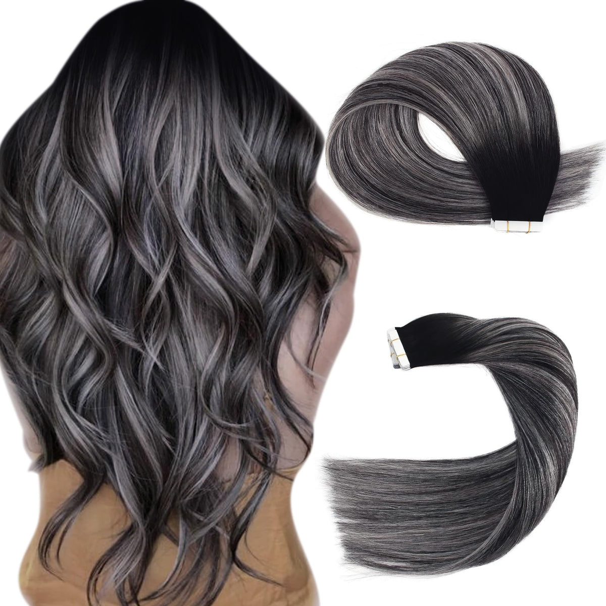 Sassina 22&quot; Invisible Tape In Extensions, Black To Silver Balayage, 50G Remy Human Hair, 20