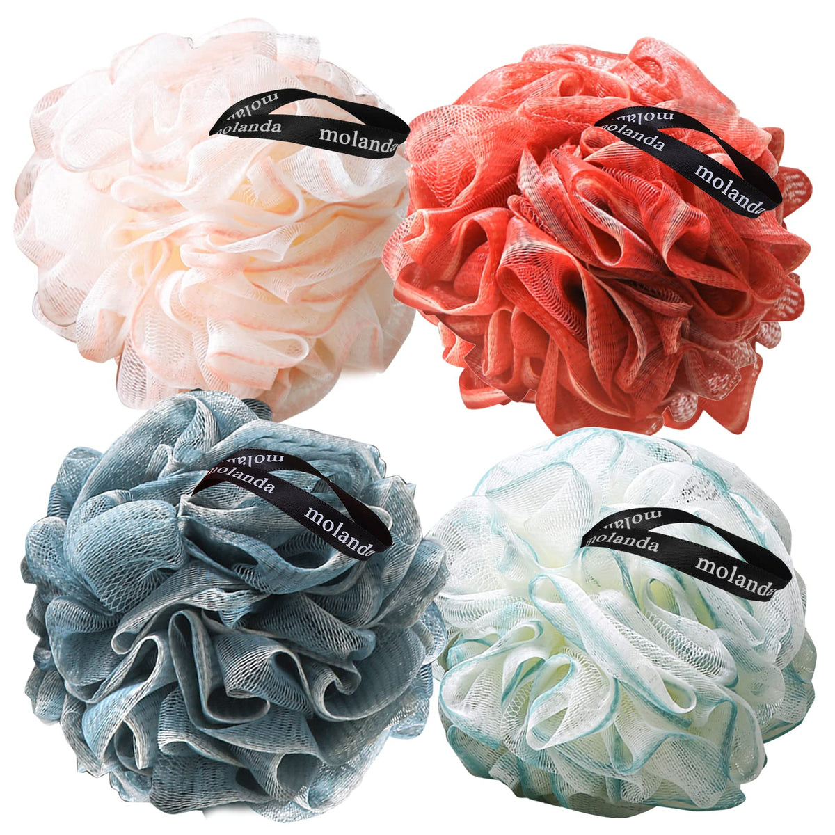 Molanda Mesh Shower Loofahs - Exfoliating Body Scrubber Balls, Pack Of 4, Graduated Color