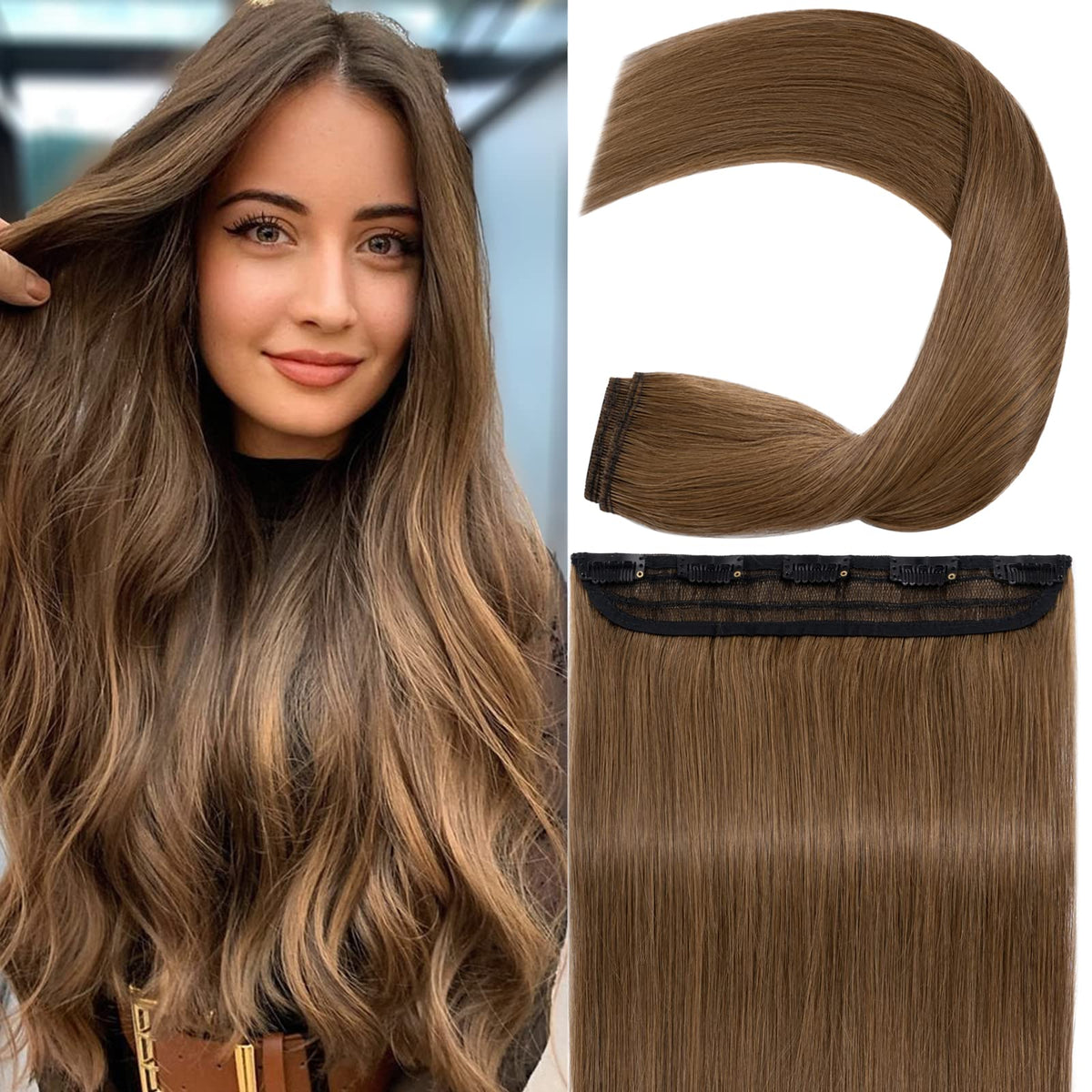 S-noilite 20&quot; Clip in Human Hair Extensions, 100% Remy, Light Brown, 95g, Straight We