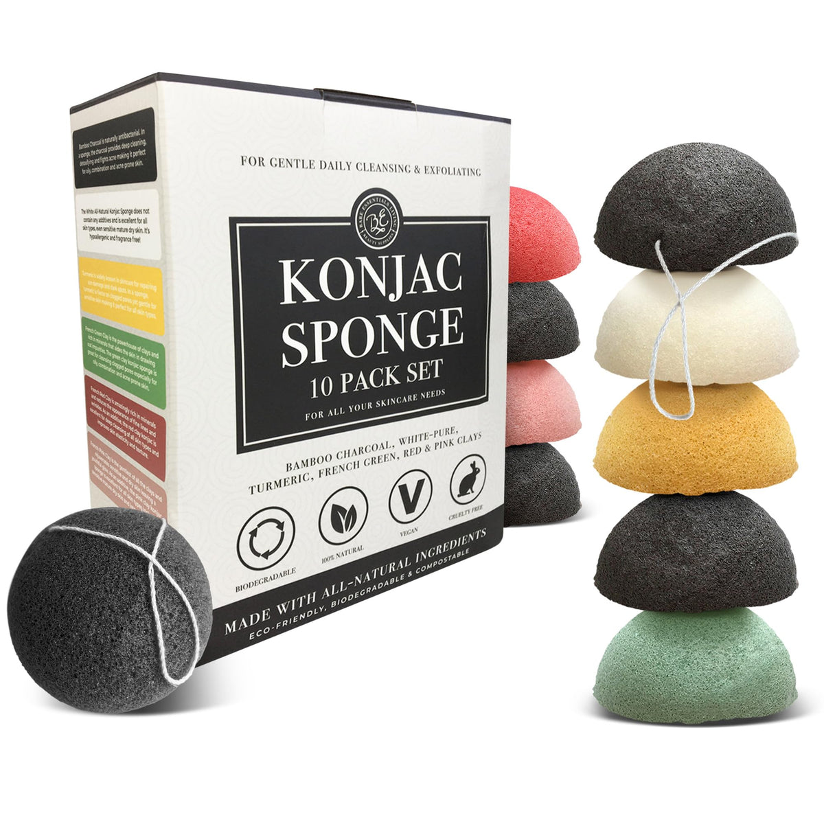 Bare Essentials Living Konjac Sponges Set - 10 Pack Activated Charcoal & Natural Facial Sponges