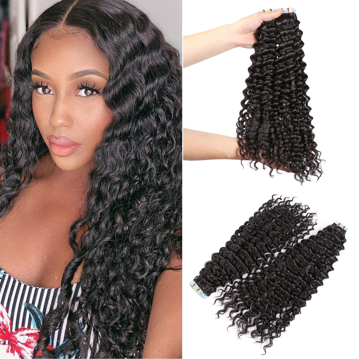 Smavida 16&quot; Deep Wave Tape In Hair Extensions - 100% Real Human Hair For Black Women