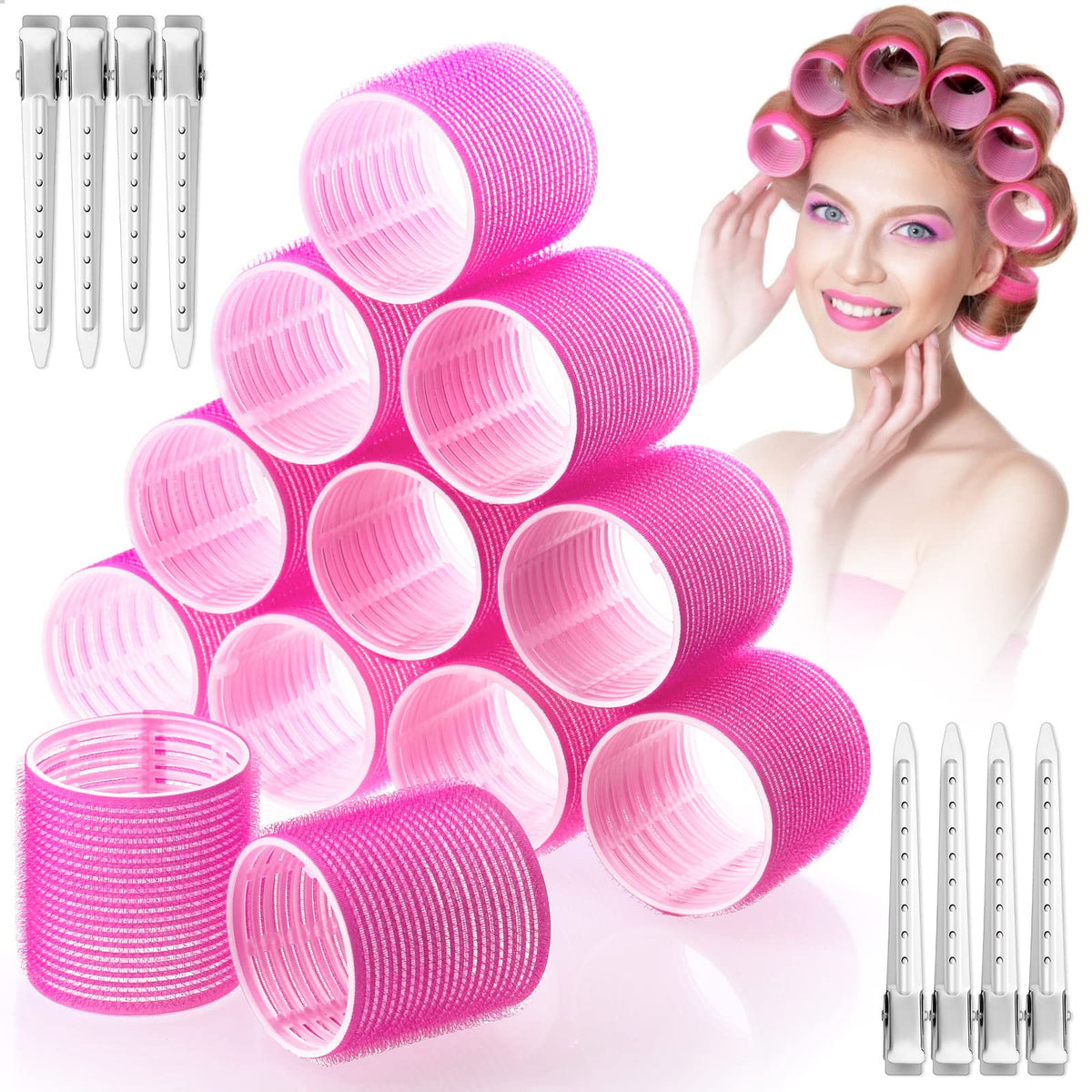 Acejoz Jumbo Hair Curlers Set - 24 Self Grip Rollers & Clips For Long Medium Hair, Rose Red