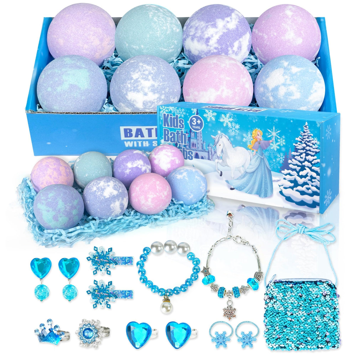 Siawoy Bath Bombs For Kids - 8 Pack With Frozen Toys, Jewelry & Bag - Fun Gift For Girls