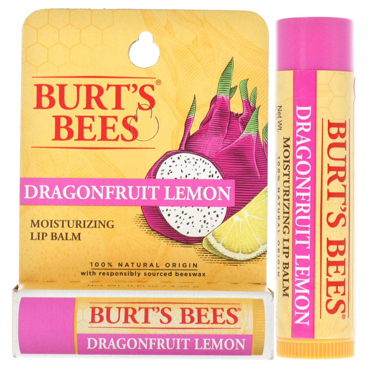 Burt's Bees Dragonfruit Lemon Lip Balm, Moisturizing, Unisex, 0.15 oz, Strawberry Flavor