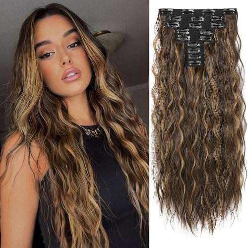 REECHO 24&quot; 9PCS Clip in Hair Extensions, Dark Brown with Highlights, Luxurious Mermaid Wave