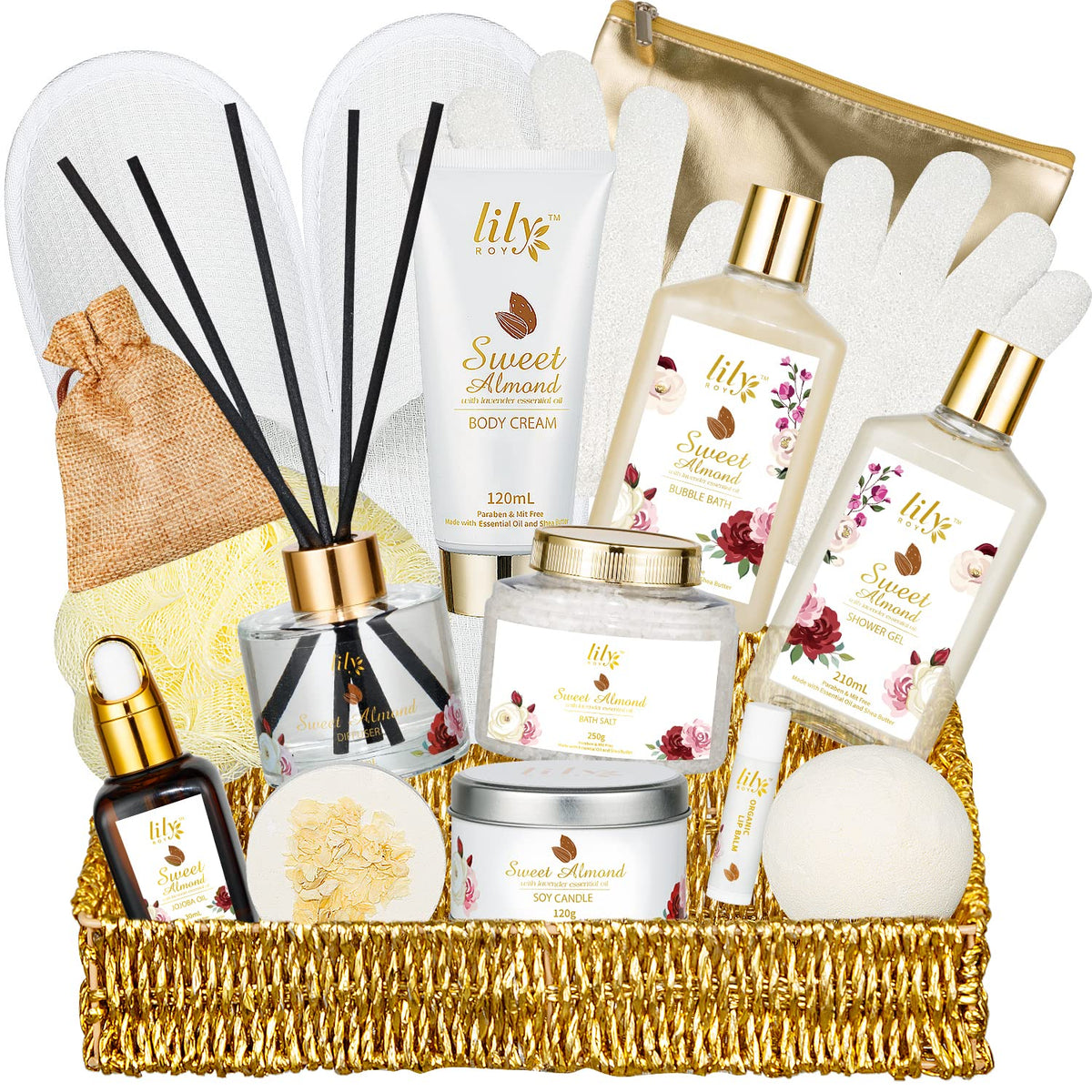 Lily Roy Sweet Almond Bath Gift Set - 17Pcs Spa Basket With Shower Gel & Bubble Bath For Women