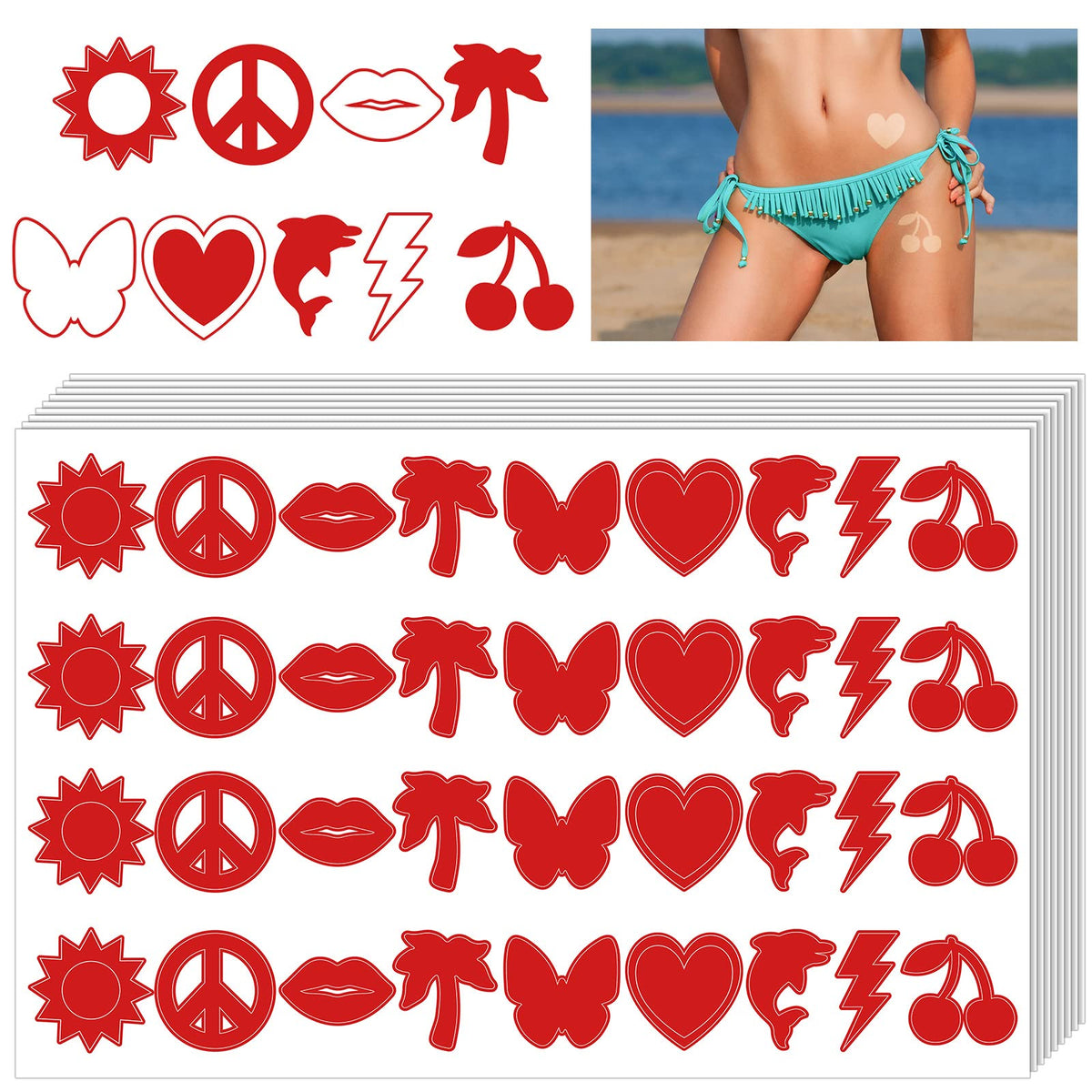 Spakon 720 Count Tanning Stickers - Self-Adhesive Heart, Butterfly & Lips Designs, Red