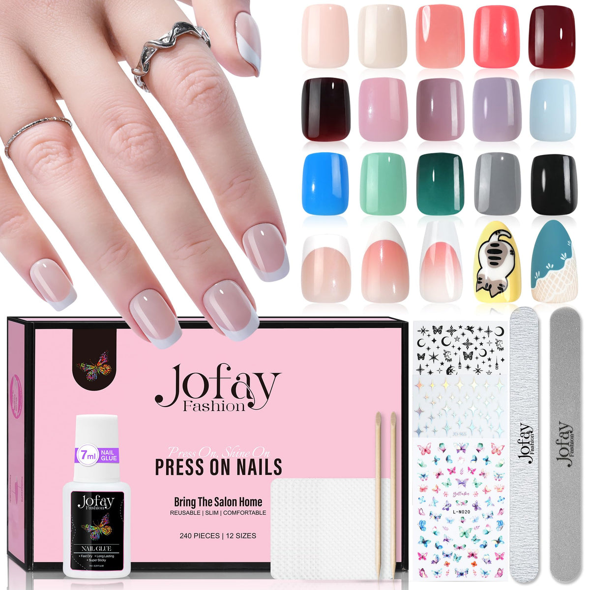 Jofay Fashion 480PCS French Tip Press on Nails - Short Square Acrylic Nail Art Kit, 20 Styles