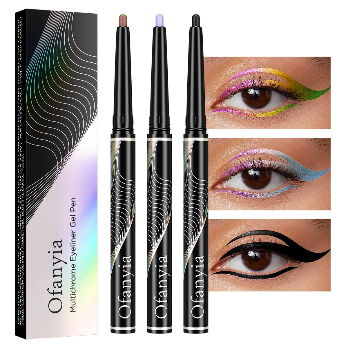 Ofanyia Multichrome Eyeliner Pencil Set B, 3 Pcs Waterproof Gel Eyeliner, Metallic Colors