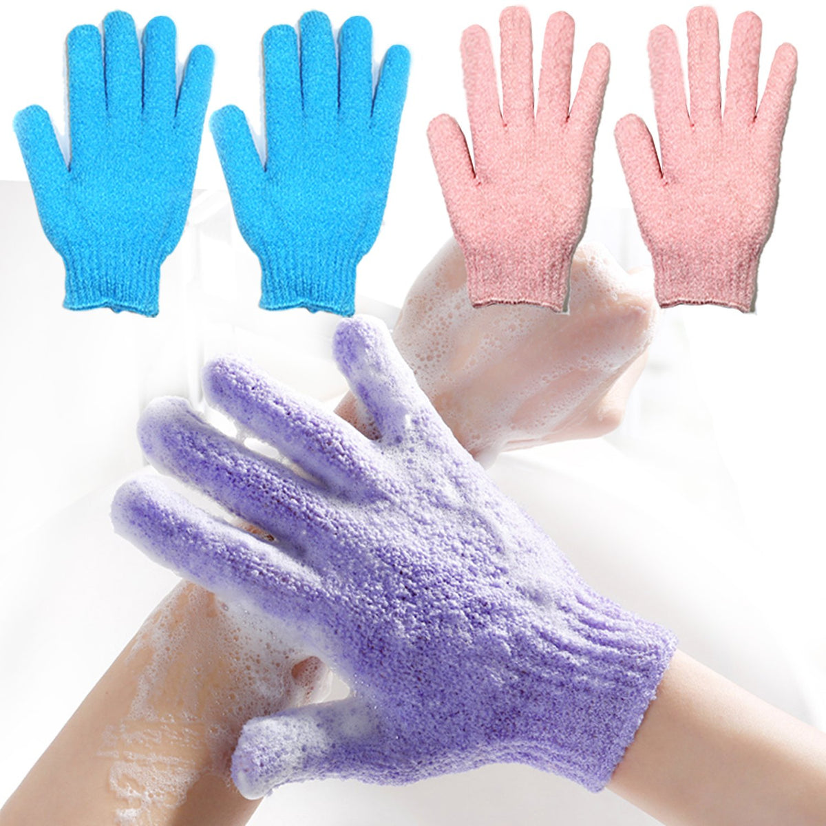 Yeyimei Exfoliating Bath Gloves - Deep Cleansing Scrub Mitts, 2 Pack Blue & Pink