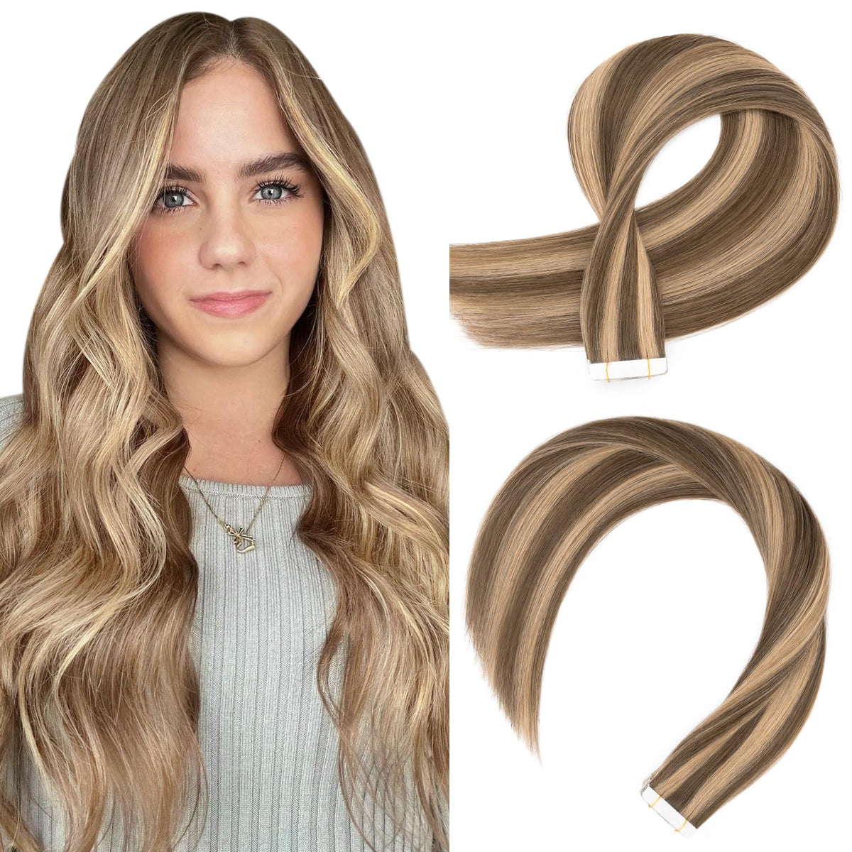 Hairro Tape In Hair Extensions 14&quot; Real Human Hair, Medium Brown & Dark Blonde, 20Pcs