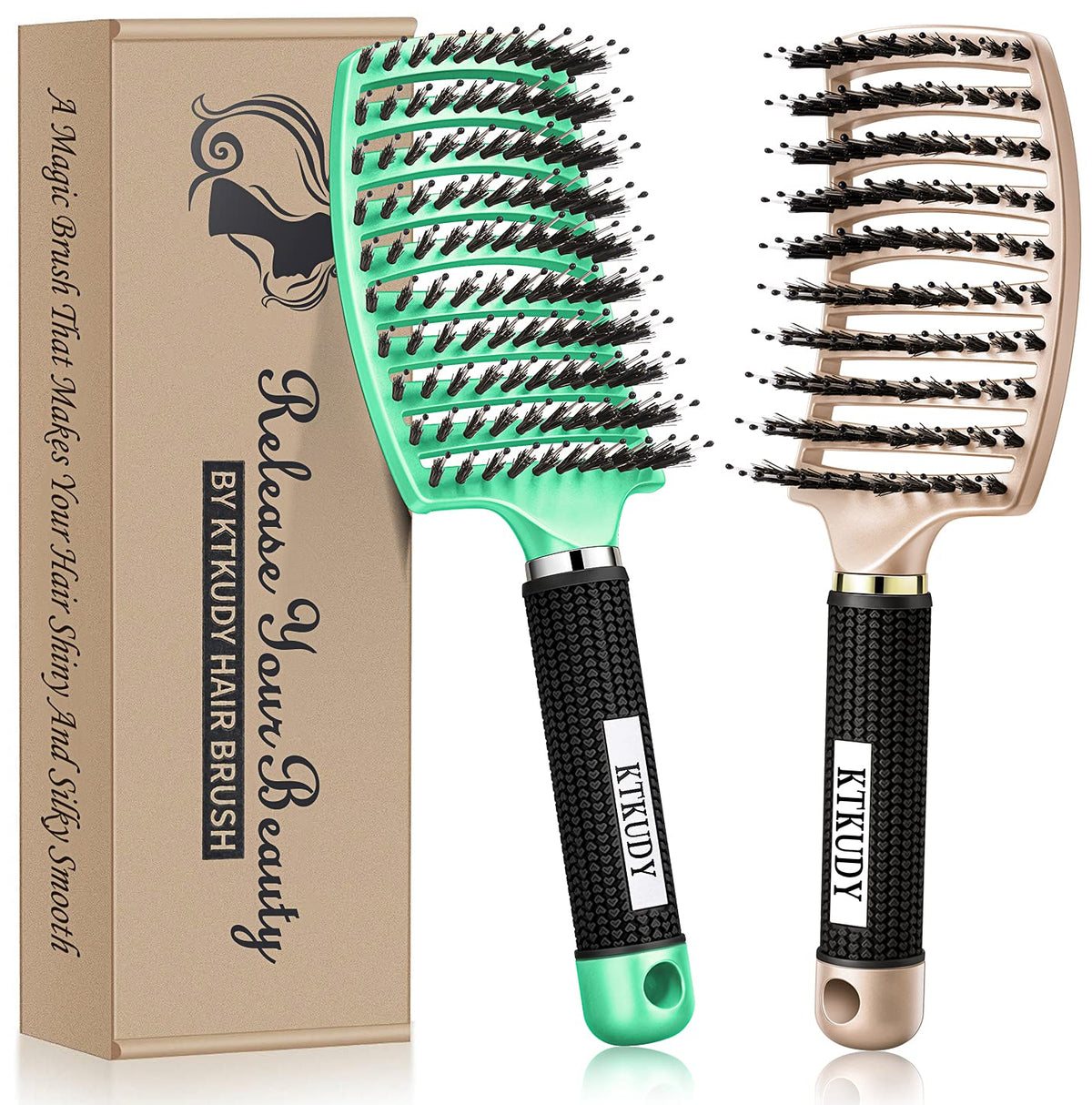 Ktkudy Boar Bristle Detangling Brush - Pain-Free, Shiny Hair For Women, Men, And Kids (Gold